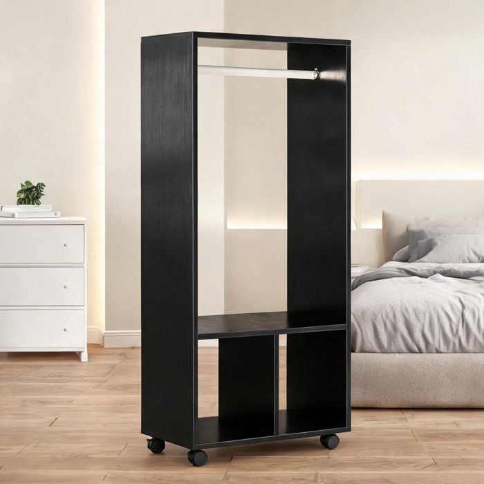 Meuble de rangement mobile en panneaux de particules imitation bois noir 60 x 40 x 128 cm avec penderie et niches