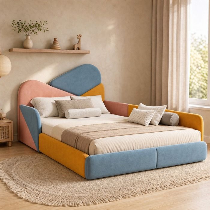 Lit enfant rembourré 140x200 cm multicolore en velours avec protection latérale et sommier à lattes
