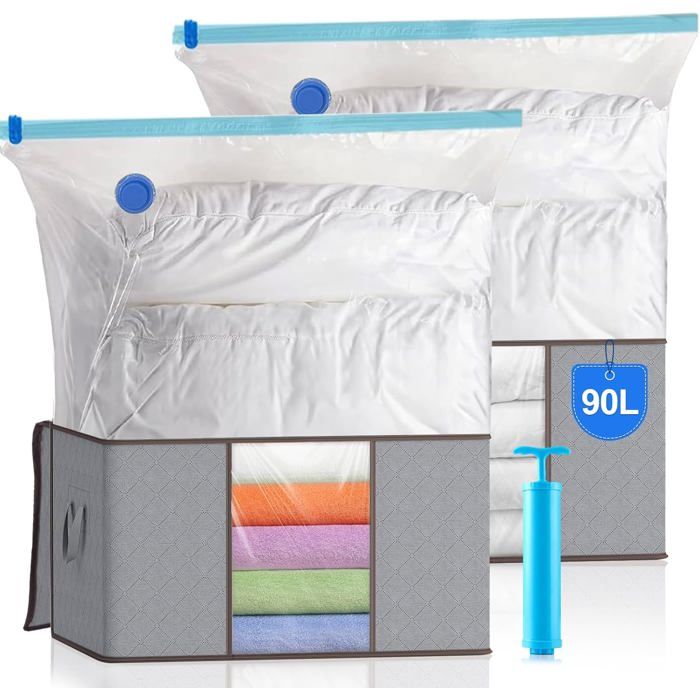 Housse De Rangement Couette Rangement Vetement-2 Sacs Sous Vide 2 Sacs De Rangement Avec Poignées De Renforcement Et 1 Pompe[AT68]