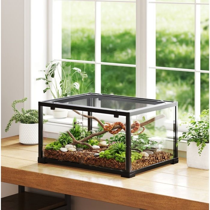 Terrarium reptile noir 60 x 45 x 32 cm porte coulissante verrouillable verre trempé couvercle grillagé