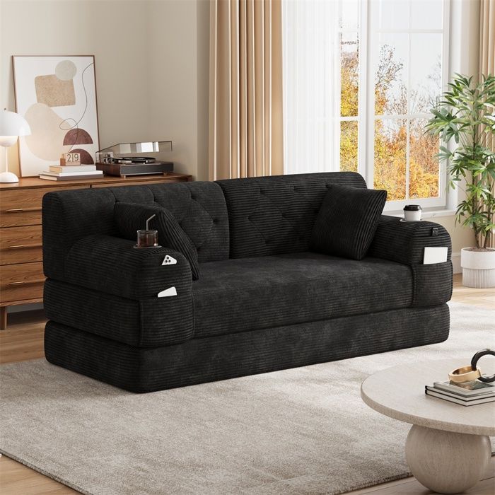 Canapé Lit Convertible 2 Places - 168x80x81cm - Banquette BZ en Velours Côtelé avec Porte-Gobelets et Poches - Noir