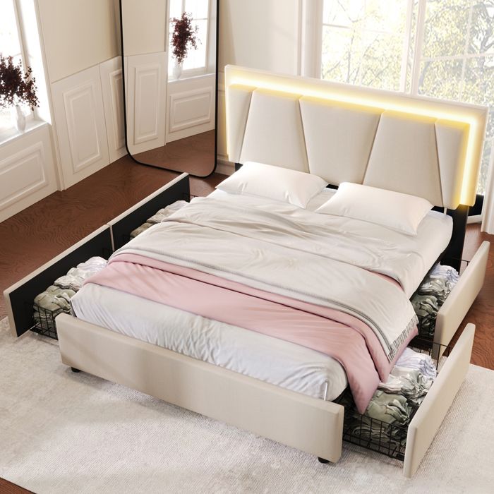 VIVA Lit 140x200 beige LED RGB 4 tiroirs coffre tete de lit reglable hauteur sommier bois sans matelas VIVA Lit 140x200 beige LED RGB 4 tiroirs coffre tete de lit reglable hauteur sommier bois sans matelas
