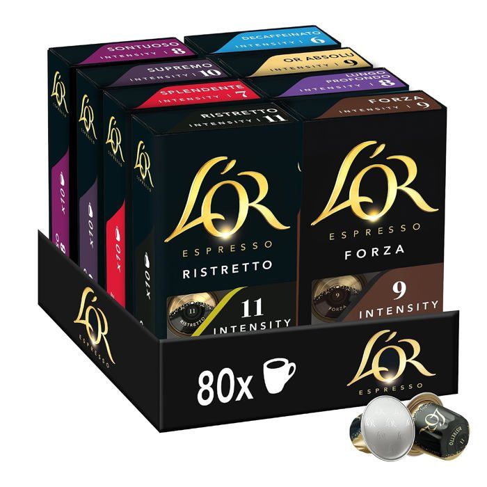 Espresso Café - 80 capsules assortiment de 8 variétés - compatibles Nespresso *(lot de 8 x10) (Lemballage peut varier) - LOr Espresso Café - 80 capsules assortiment de 8 variétés - compatibles Nespresso *(lot de 8 x10) (Lemballage peut varier) - LOr