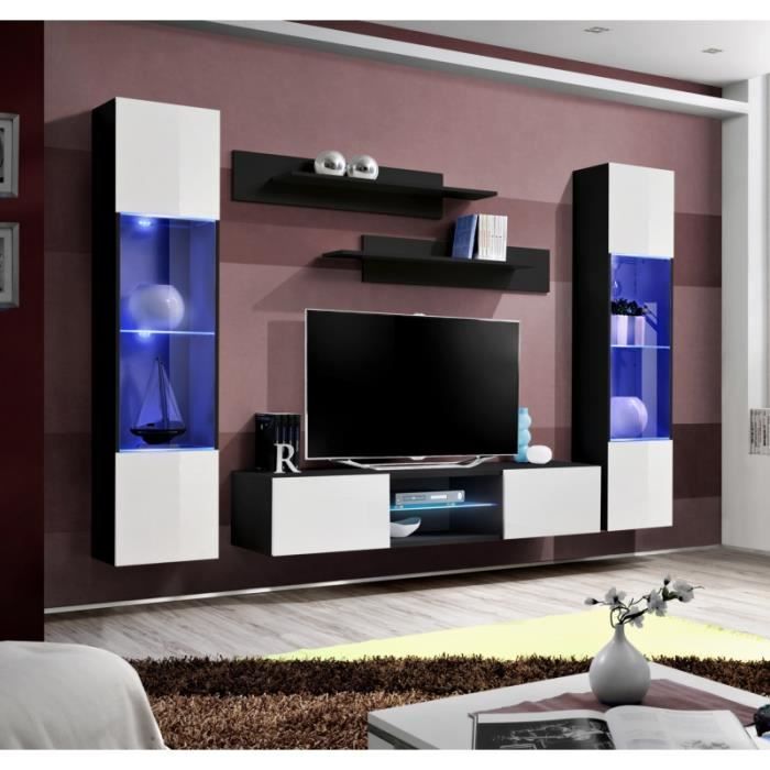 ensemble meuble tv mural - ac-déco - fly o3 - blanc et noir - 260 x 40 x 190 cm