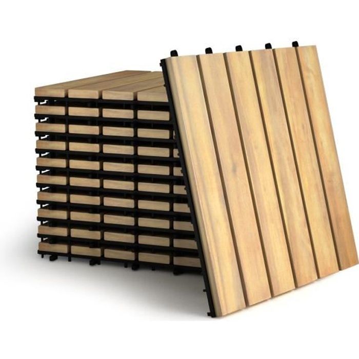 costway 10 x dalles de terrasse en bois d'acacia huilé mosaïque 30 × 30 cm emboîtables, caillebotis pour extérieur/intérieur