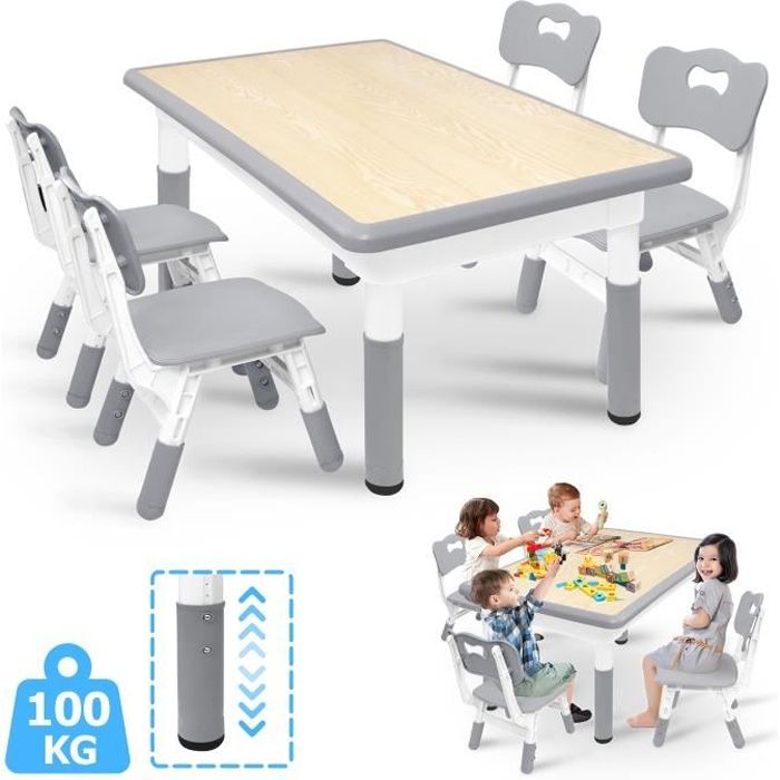 YRHOME Table et chaises pour enfants Ensemble de sièges pour enfants Table de jeu réglable en hauteur avec 4 chaises pour enfants