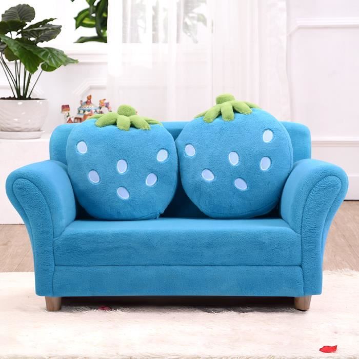 Canapé Lit Enfant Fauteuil Sofa Enfant en Peluche de Corail avec 2 Oreillers Forme de Fraise Bleu 2 Places pour Dormir et Jouer