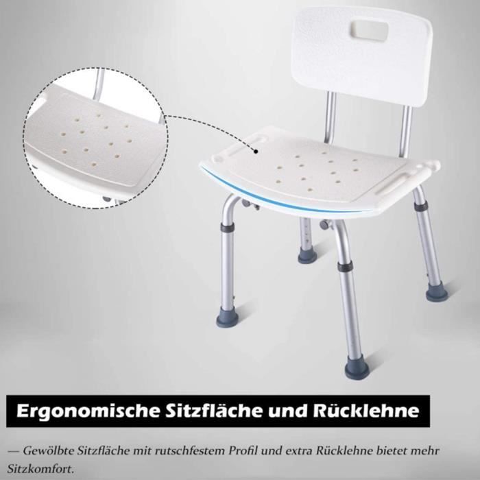 Tabouret De Douche Réglable En Hauteur AREBOS – Siège En Plastique HDPE, Blanc, Support 100 Kg, Garantie 2 Ans