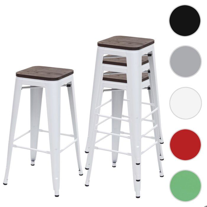4x Tabouret de bar HWC-A73 avec siège en bois métal style industriel  ~ blanc