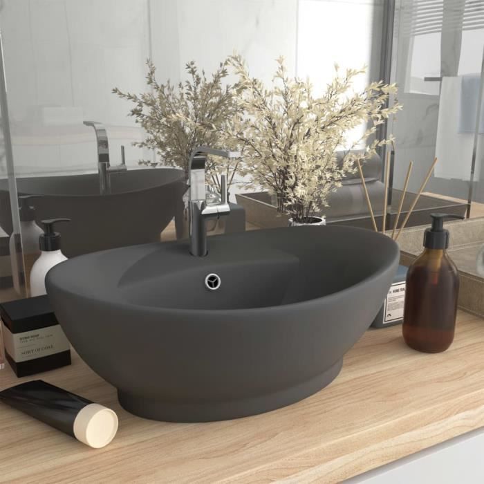 Lavabo à Poser Gris - joli5870 - Modèle ovale - Avec trop-plein et trou de robinet
