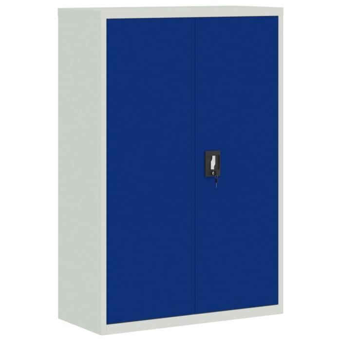armoire de bureau métal - cikonielf - moh - 2 portes - 3 étagères - gris et bleu
