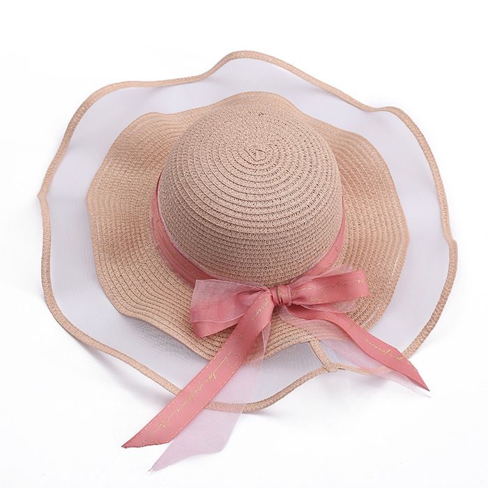 Chapeau de paille Lolita en dentelle avec grand nœud pour fille
