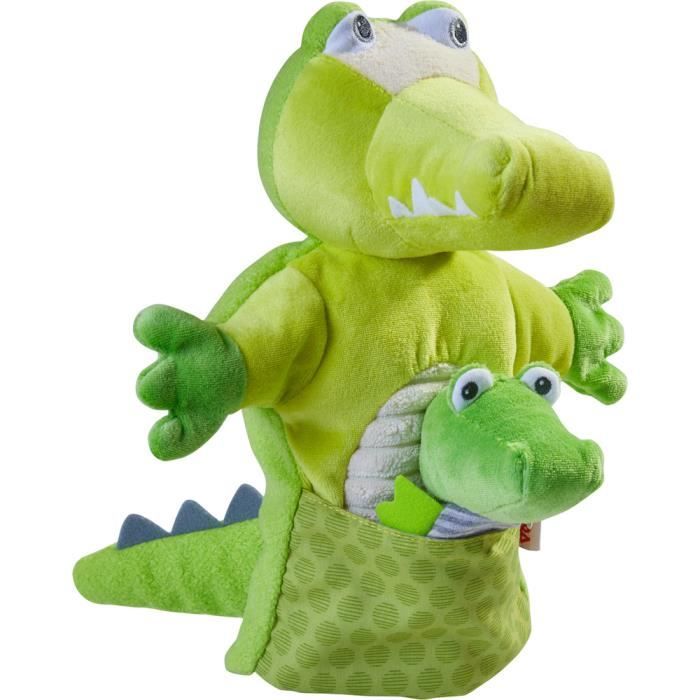marionnette crocodile avec bébé - haba - 30 x 22 cm - polyester vert