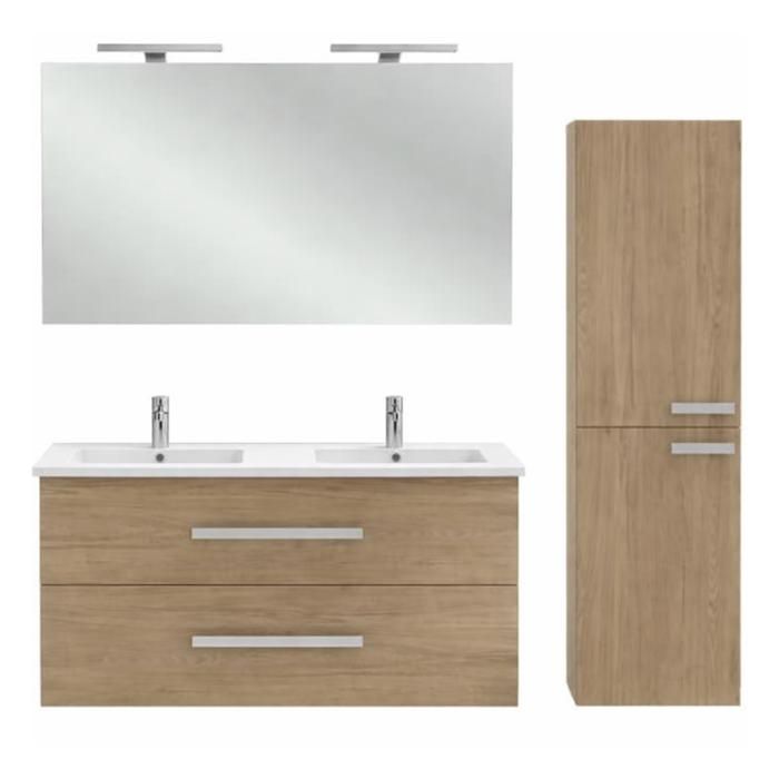 Pack meuble double vasque 120 cm JACOB DELAFON Ola Up chêne + colonne + miroir + spot Pack meuble double vasque 120 cm JACOB DELAFON Ola Up chêne + colonne + miroir + spot
