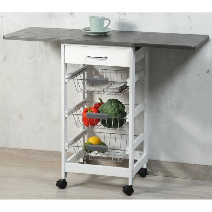 Bar de cuisine sur roulettes table avec plateau rabattable en blanc et gris - Kesper