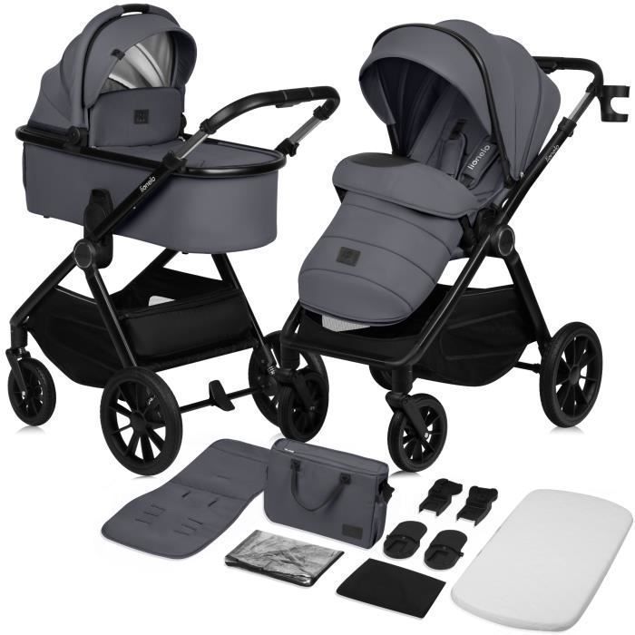 Poussette combinee 2en1 LIONELO Layla Naissance jusqu a 22kg Pack poussette Duo Nacelle sac et accessoires Gris