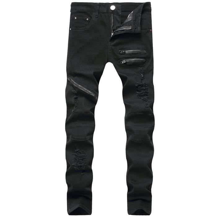 Jeans YOUCAI Droit Homme Serre Trou Dechire Skinny Stretch Fermeture eclair Decontracte Slim Fit Noir Noir Cdiscount Pret a Porter