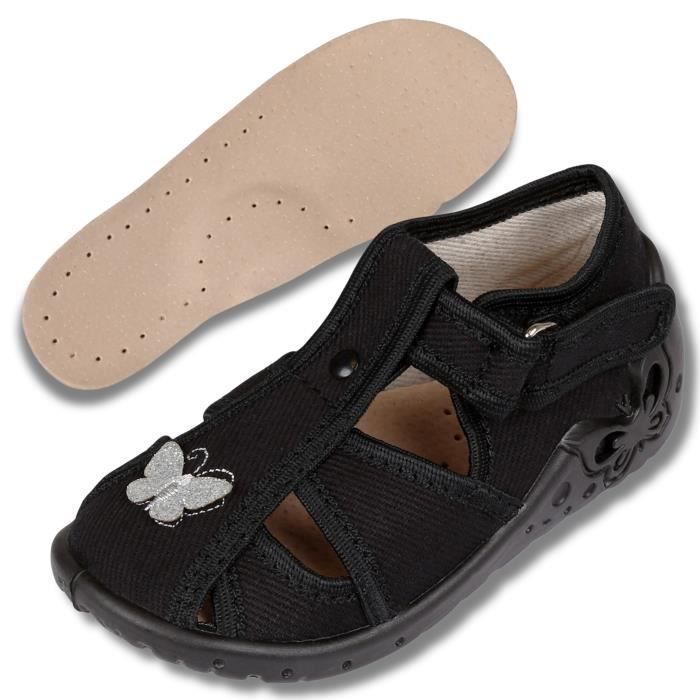 Chaussons noirs pour enfants avec semelle en cuir ZETPOL