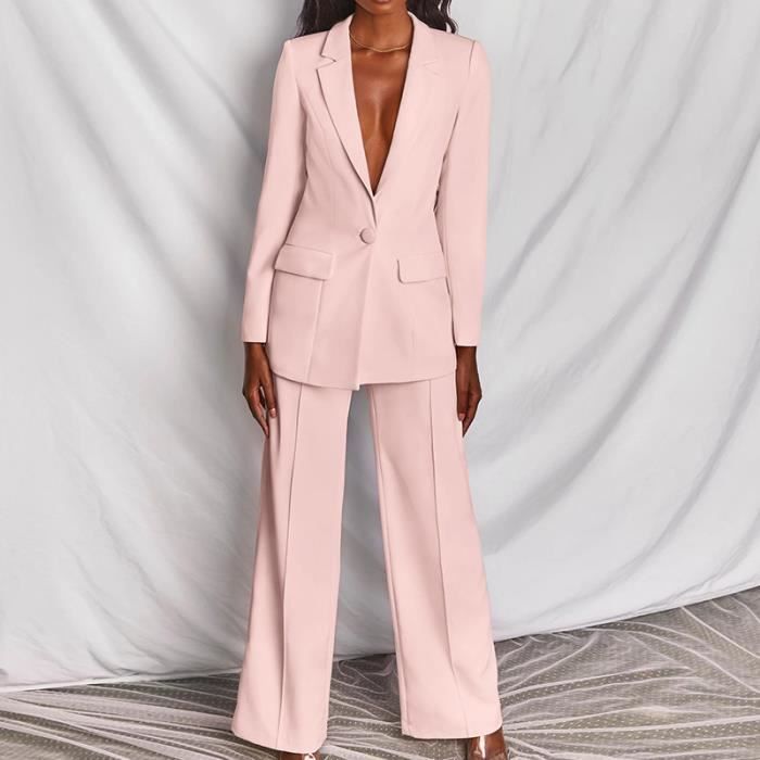 Tailleur Femme Pantalon Large et Veste Chic et Elegant Rose Noir Femme