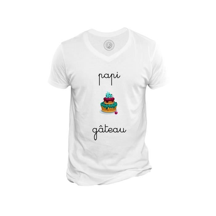 T shirt Homme Col V Papi Gateau Patisserie Grand Pere Blanc