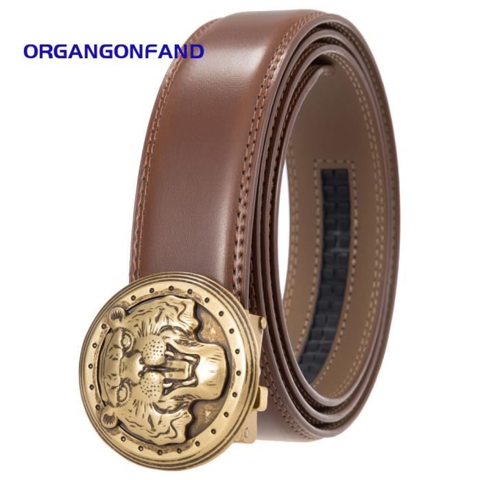 Ceinture En Cuir Gaufré à Boucle Automatique - Design Tête De Renard/loup Doré 3D, Coffret Cadeau Pour Homme