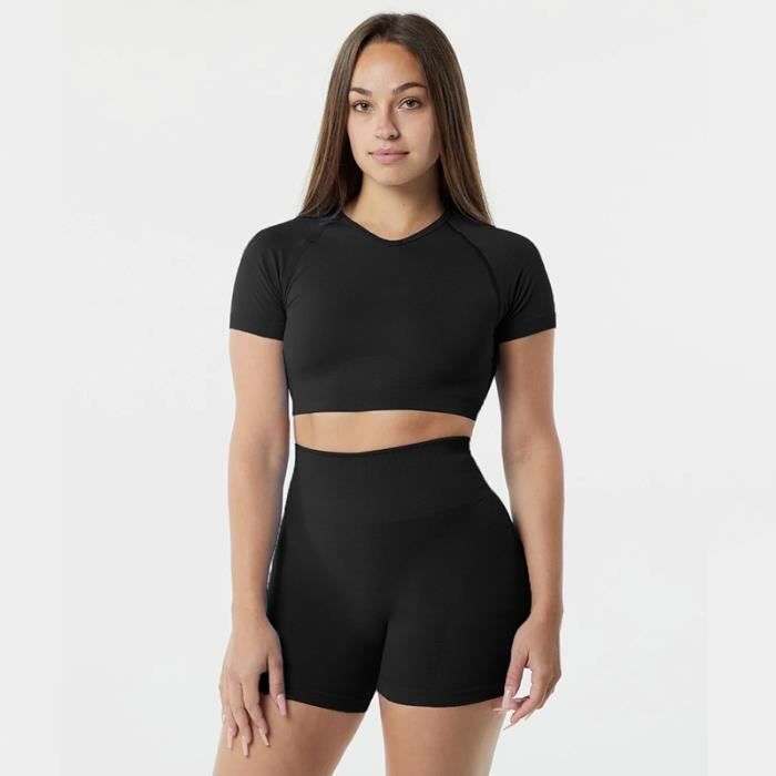 Ensemble de vêtements de fitness 2 pièces pour femmes, haut court à manches  longues et leggings taille haute, vêtements de sport, ensemble de jogging,  entraînement, yogaXLWhite