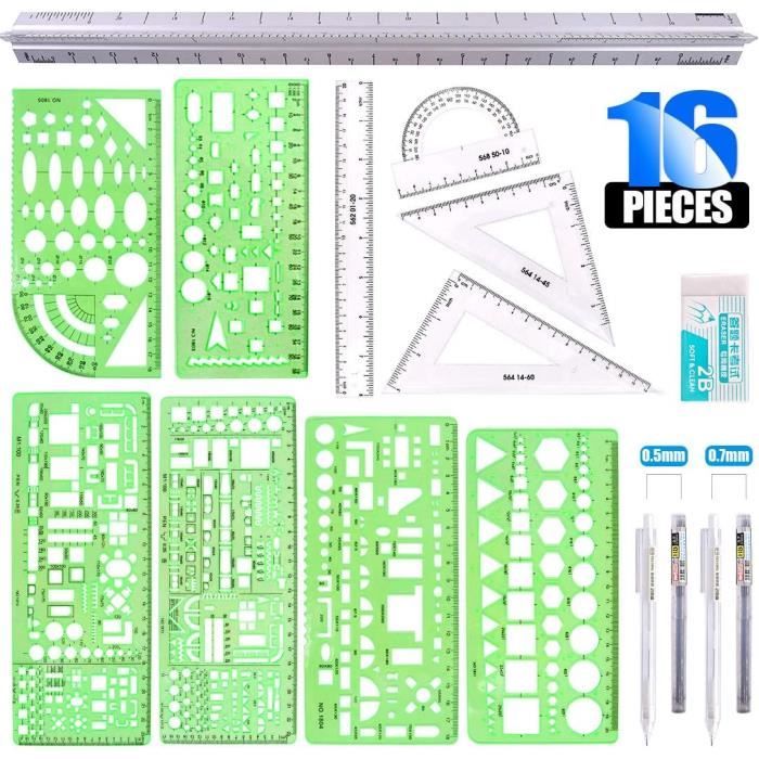 Lot De 3 Gabarits Plastique Pour Dessin - Cercles, Ovales Et Règle - Bureau, école, Construction - Vert Clair