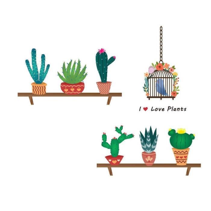 1x Mignon Petit Frais Sticker Mural Cage Oiseau Cactus Autocollants Muraux Autocollants En Verre Autocollant Mur