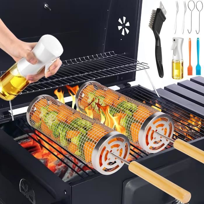 Set 2 Paniers BBQ Cylindriques Acier Inox 304 - Poignée Bois + Accessoires | 30x10cm Et 29x9cm | Grillage Enroulable