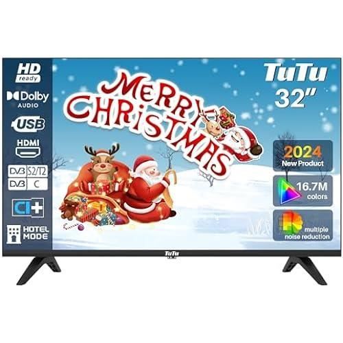 TuTu TV 32 Pouces (80 cm) sans Bord LED HD Ready Téléviseurs avec Triple Tuner (DVB C T2 S2) HDMI CI Lecteur multimédia
