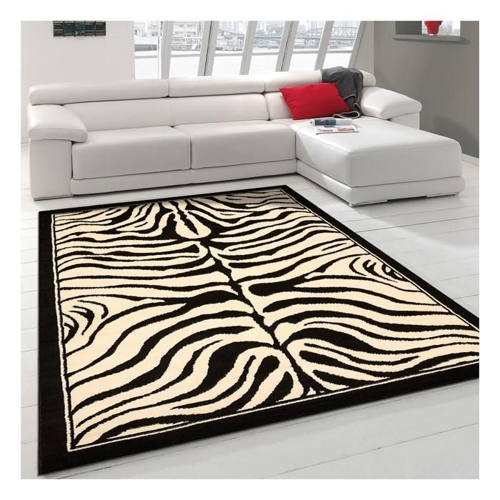 tapis salon 140x200 tissé noir rectangle motif animaux ZEBRE