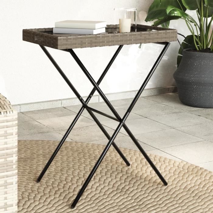 Meuble Table à plateau pliable gris 65x40x75 cm résine tressée 4.4 KG