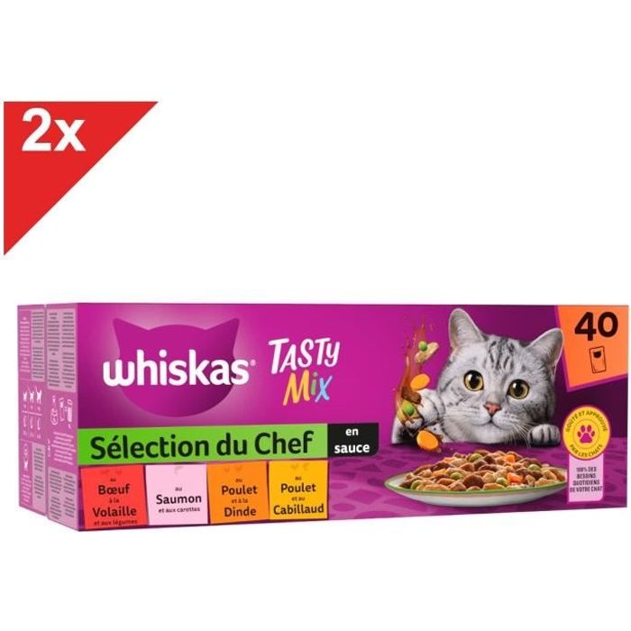 WHISKAS Tasty Mix 80 Sachets fraîcheur en sauce 4 variétés pour chat 85g (2x40g)