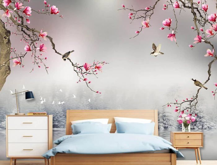 Papier Peint Panoramique Oiseau Fleur Rose Papier Peint 3D Tapisserie ...