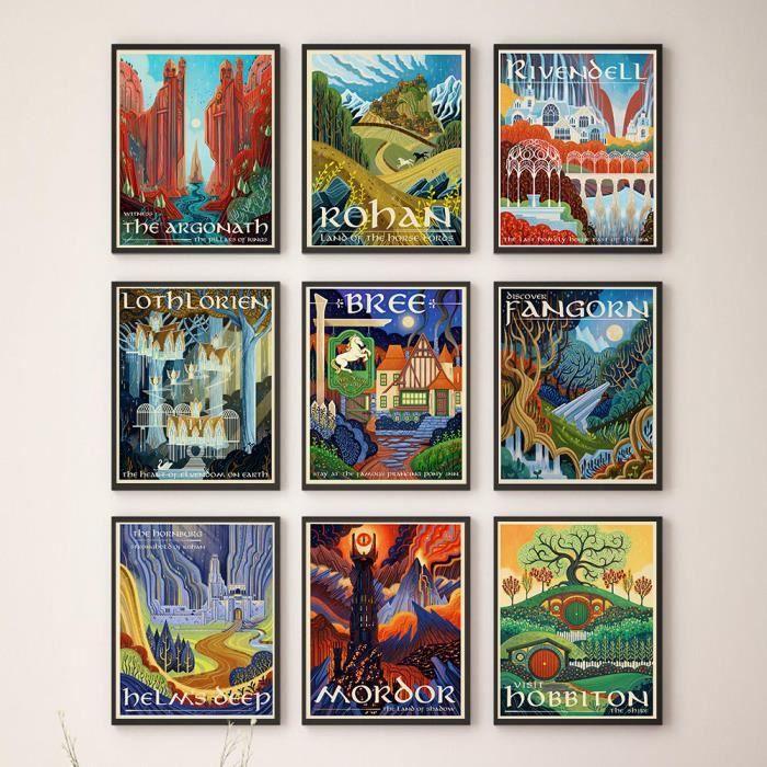 Tableau Toile 5 Pièces Le Seigneur Des Anneaux - Montagnes Encadrées - Décoration Murale Neuve