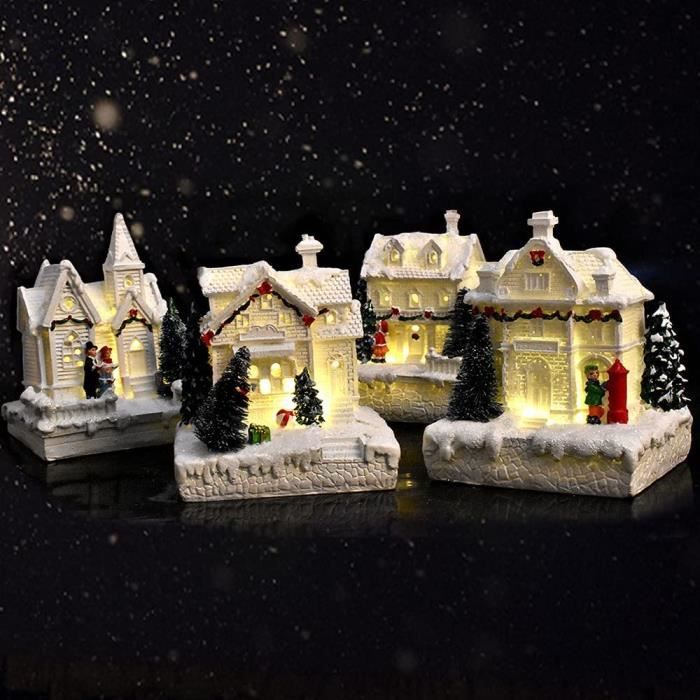 3 Maisons Village De Noël En Bois LED Lumineuses - Décoration Table Et Sapin Miniature