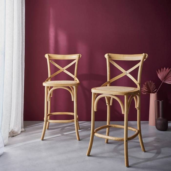 Lot De 2 Chaises Bistrot Vintage - Bois Et Cuir Marron - Hauteur 106 Cm