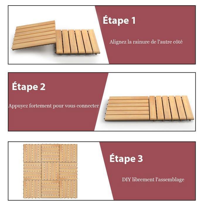 Lot de 10 Dalles de Terrasse Clipsable 30 x 30 CM COSTWAY-en Bois d ...