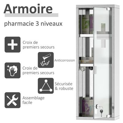 Armoire à Pharmacie Murale Inox Porte Verre 2 Niveaux - Avec Clé, Croix Secours, Rangement Médicaments Pansements, Sécurité Enfants, 40x25x11 Cm