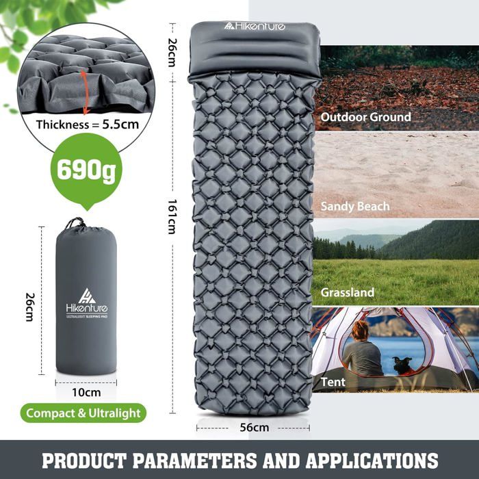 Matelas De Camping SNZ Autogonflant – Ultra-léger 1,2 Kg, Avec Pompe à Pied Et Oreiller, Charge Max 300 Kg