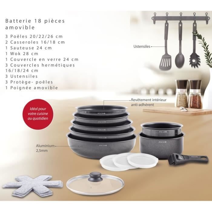 716898 Batterie De Cuisine 7 Pcs Aluminium Noir Mat : Manche Amovible,3