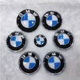 KIT 7 Badge LOGO Embleme BMW Carbone Bleu Blanc Capot 82mm + Coffre 74mm +Volant + 4 x cache moyeu 68mm-0