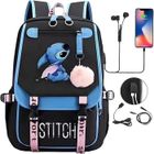 AODUX Cartable USB de Dessin Stitch, Sac à Dos de Grande Capacité, Sac à Dos de Dessin Animé Tendance, Sac à Dos Décontracté Rose et Bleu