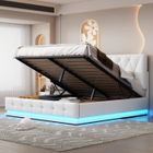 DREAMMESPACE Lit coffre capitonné 140x200 cm LED - lit à levage hydraulique, sommier à lattes, tête de lit prismatique en similicuir - blanc