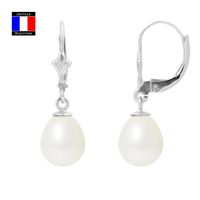 Compagnie Générale des Perles - Boucles d'Oreille Véritable Perles de Culture 8-9 mm Or Blanc 18 Cts - Système Brisure - Bijou