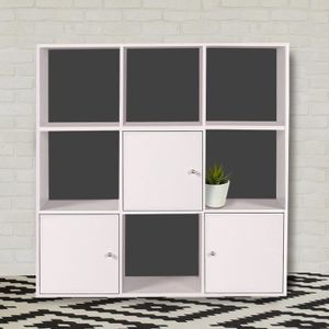 MEUBLE A CASIER ID MARKET - Meuble de rangement cube RUDY 9 cases bois blanc avec 3 portes fond gris