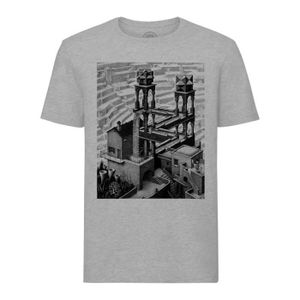 T-SHIRT T-shirt Homme Col Rond Gris Waterfall Cascade Escher Dessin Litographie Art Moderne Illusion