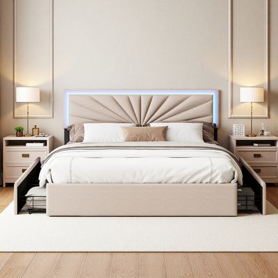 Lit Double 160x200 Avec Rangement Yeutre - 4 Tiroirs, Tête De Lit Velours Et Ports USB - Sans Matelas - 5