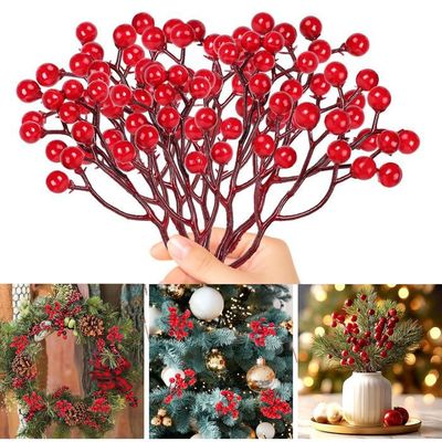 20 Branches Sapin Artificiel Avec Baies Rouges – Idéal Pour Couronnes De Noël, Déco Table, Emballages Cadeaux