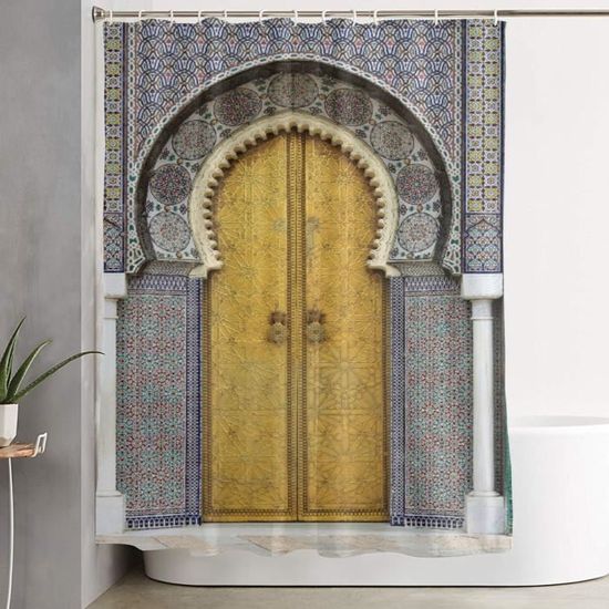Imperméable Rideau de Douche Porte dorée du Palais Royal à Fès Maroc Oeuvre d'art marocain Vintage Photo,Baignoire Rideaux A